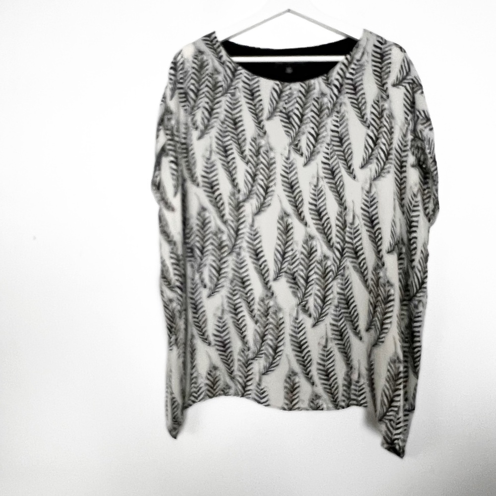 Joan Vass Top Blouse Tunic Size S P Small Petite Black Beige Lined Feathers RARE